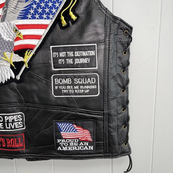 Diamond Plate Buffalo Leather Retro Black Biker Patch Motorcycle Vest Mens Sz L - Picture 15 of 16